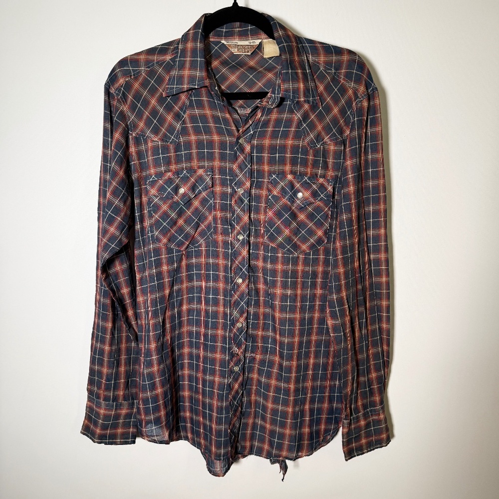 Vintage 70s Western Wear for Sears - Wester Plaid Snap LS Shirt Lightweight M